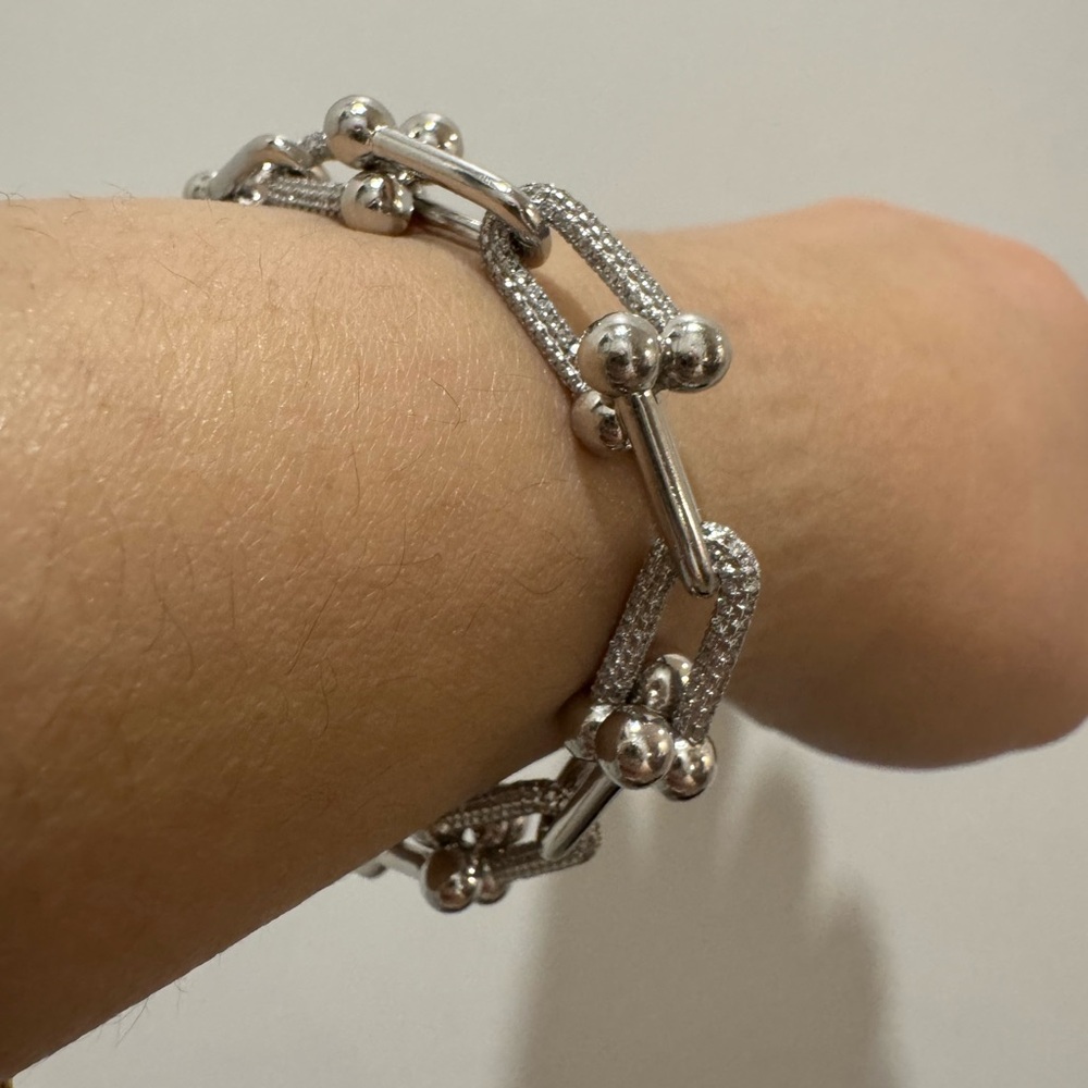 925 Sterling Silver Hardware U-Link Bracelet CZ 32g Chunky! 7” + .5” - Picture 3 of 6